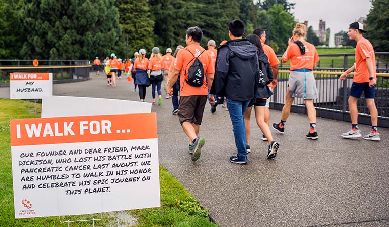 "i walk for…" sign along the 5k route.